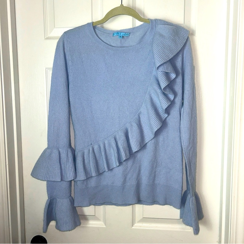 Antonio Melani Cashmere Sweater Women M Blue Ruffled Sash Flounce Cuff Cozy